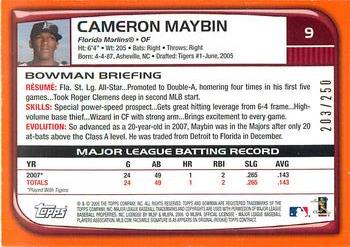 2008 Bowman - Orange #9 Cameron Maybin Back
