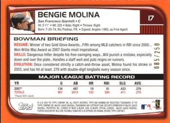 2008 Bowman - Orange #17 Bengie Molina Back