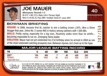 2008 Bowman - Orange #40 Joe Mauer Back