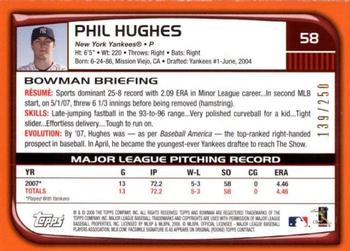 2008 Bowman - Orange #58 Phil Hughes Back