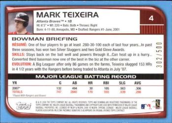 2008 Bowman - Blue #4 Mark Teixeira Back