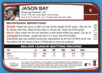2008 Bowman - Blue #11 Jason Bay Back