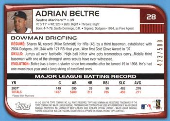 2008 Bowman - Blue #28 Adrian Beltre Back