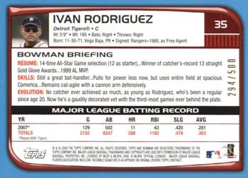 2008 Bowman - Blue #35 Ivan Rodriguez Back