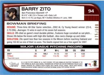 2008 Bowman - Blue #94 Barry Zito Back