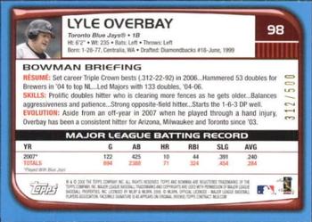 2008 Bowman - Blue #98 Lyle Overbay Back