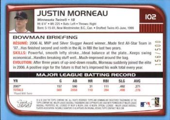 2008 Bowman - Blue #102 Justin Morneau Back