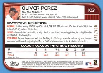 2008 Bowman - Blue #103 Oliver Perez Back
