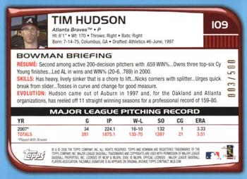 2008 Bowman - Blue #109 Tim Hudson Back