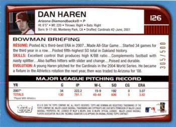 2008 Bowman - Blue #126 Dan Haren Back