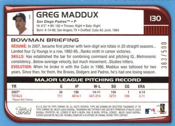 2008 Bowman - Blue #130 Greg Maddux Back