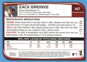2008 Bowman - Blue #147 Zack Greinke Back