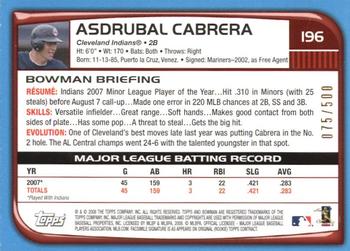 2008 Bowman - Blue #196 Asdrubal Cabrera Back
