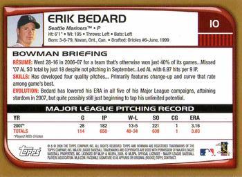 2008 Bowman - Gold #10 Erik Bedard Back