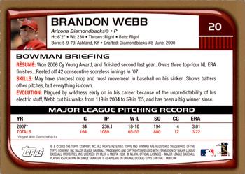 2008 Bowman - Gold #20 Brandon Webb Back