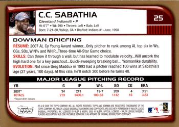 2008 Bowman - Gold #25 CC Sabathia Back
