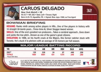 2008 Bowman - Gold #32 Carlos Delgado Back