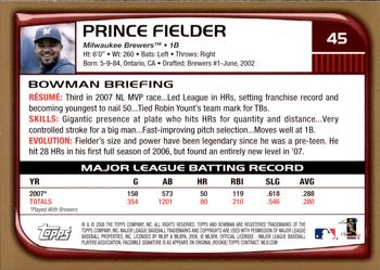 2008 Bowman - Gold #45 Prince Fielder Back