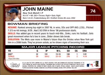 2008 Bowman - Gold #74 John Maine Back