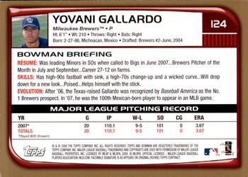2008 Bowman - Gold #124 Yovani Gallardo Back