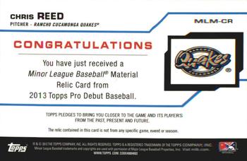 2013 Topps Pro Debut - Minor League Materials #MLM-CR Chris Reed Back