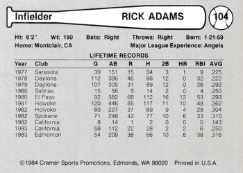 1984 Cramer Edmonton Trappers #104 Rick Adams Back