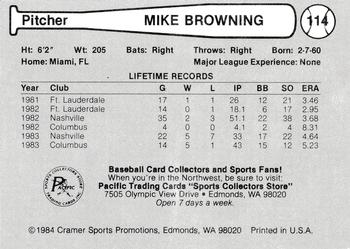 1984 Cramer Edmonton Trappers #114 Mike Browning Back