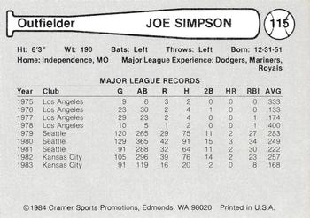 1984 Cramer Edmonton Trappers #115 Joe Simpson Back