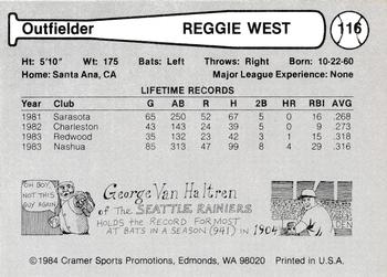1984 Cramer Edmonton Trappers #116 Reggie West Back