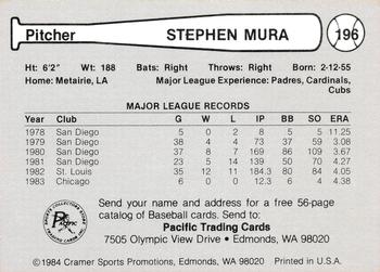 1984 Cramer Portland Beavers #196 Stephen Mura Back