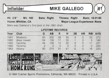 1984 Cramer Tacoma Tigers #81 Mike Gallego Back