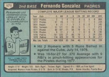 1980 Topps #171 Fernando Gonzalez Back