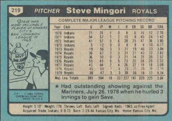 1980 Topps #219 Steve Mingori Back