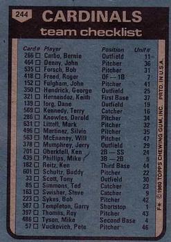 1980 Topps #244 St. Louis Cardinals / Ken Boyer Back