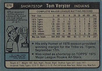 1980 Topps #276 Tom Veryzer Back