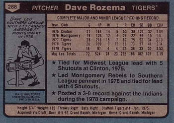 1980 Topps #288 Dave Rozema Back