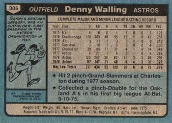 1980 Topps #306 Denny Walling Back