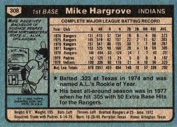 1980 Topps #308 Mike Hargrove Back