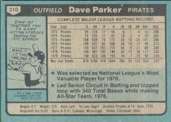 1980 Topps #310 Dave Parker Back