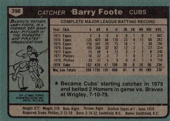 1980 Topps #398 Barry Foote Back