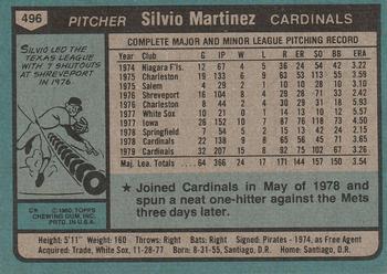 1980 Topps #496 Silvio Martinez Back