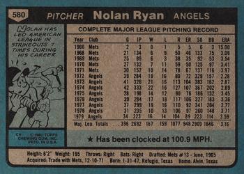 1980 Topps #580 Nolan Ryan Back