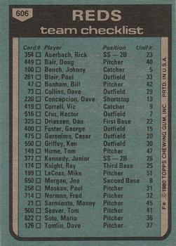 1980 Topps #606 Cincinnati Reds / John McNamara Back