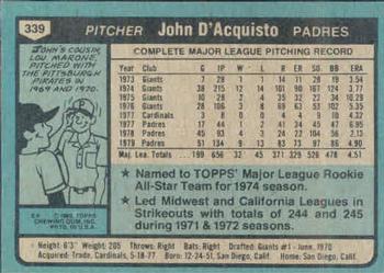 1980 Topps #339 John D'Acquisto Back