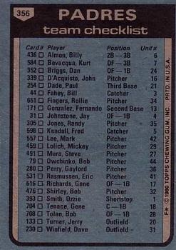 1980 Topps #356 San Diego Padres / Jerry Coleman Back