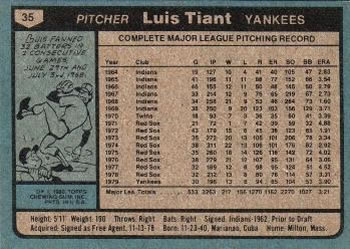 1980 Topps #35 Luis Tiant Back