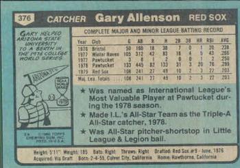 1980 Topps #376 Gary Allenson Back