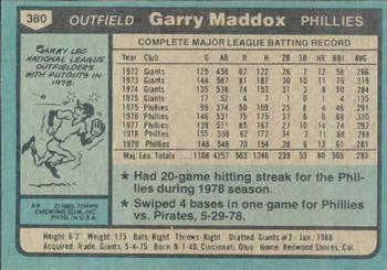 1980 Topps #380 Garry Maddox Back