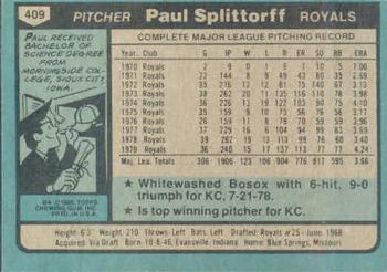 1980 Topps #409 Paul Splittorff Back