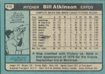 1980 Topps #415 Bill Atkinson Back